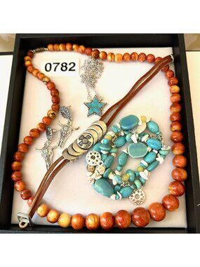 Jewelry Lot Natural Coral Necklace Gemstone Leather Bracelet Earrings